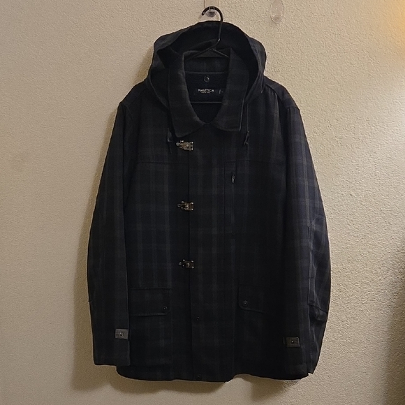 Nautica Plaid Hooded Jacket W/Removable Fleece Liner - Navy/Green - XL